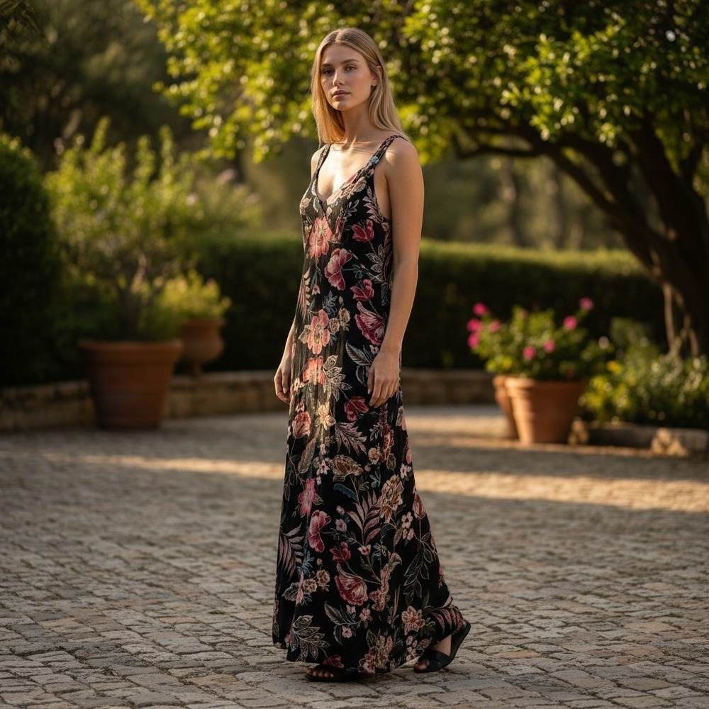 Jessica Simpson Rosalyn Floral Sleeveless Maxi Dress Black Wedding Bridesmaid L